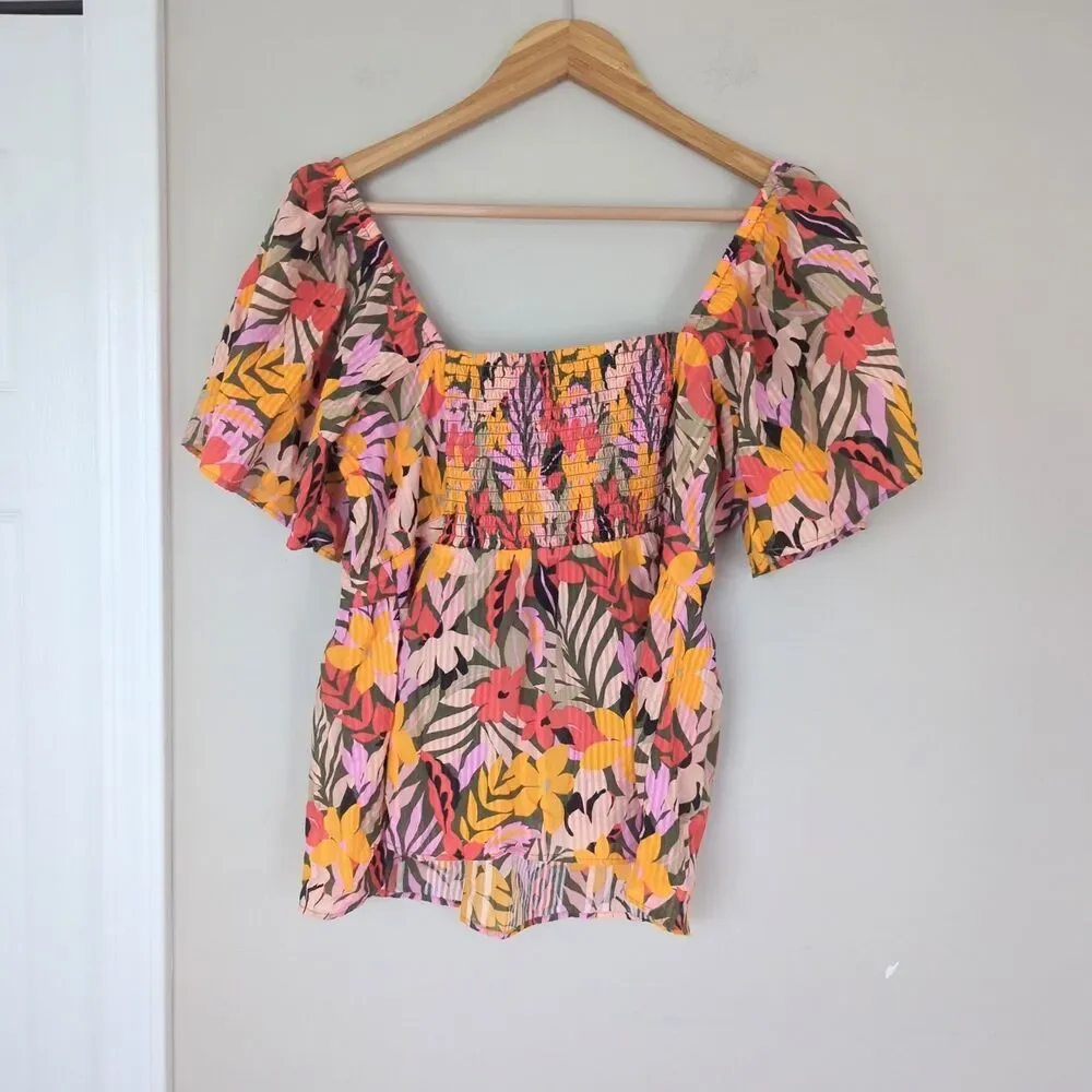 Ann Taylor LOFT NWT Floral Tie Front Puff Sleeve Peplum Hem Smocked Top Medium